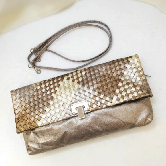 ELLIOTT LUCCA 3in1 Bag Metallic Gold Weaved Leather Clutch Shoulder Bag … - Picture 4 of 12